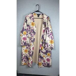 Joan‎ Vass Coatigan Womens XL Multicolor Floral Open Front Knit Jacket Pockets